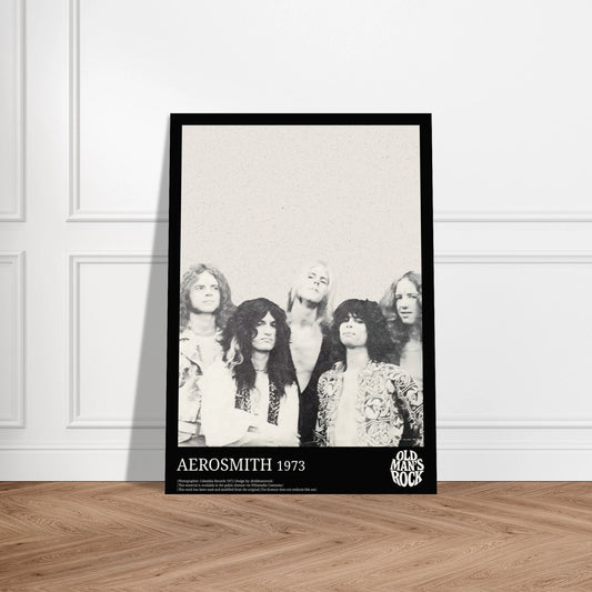 Portrait poster of rock band Aerosmith posing in 1973. 