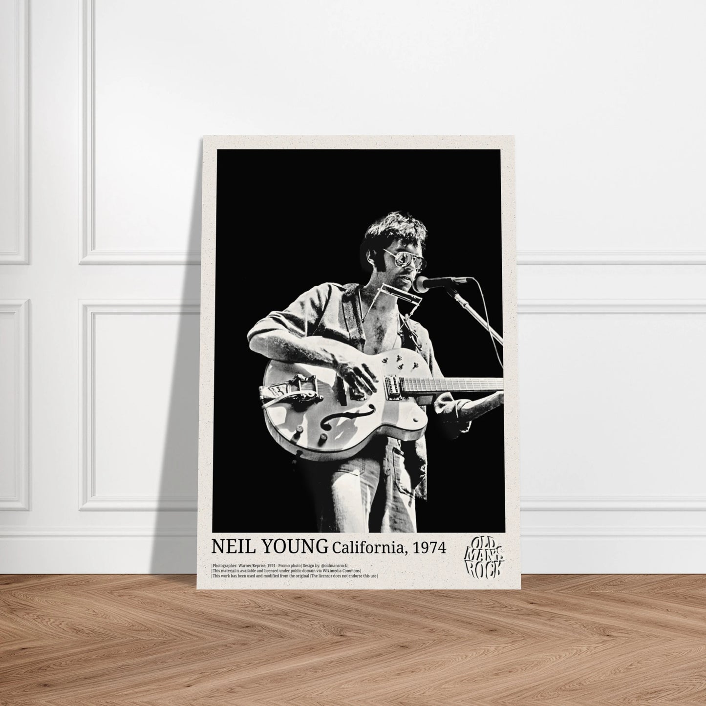 Portrait poster of Neil Young with his guitar in 1974
