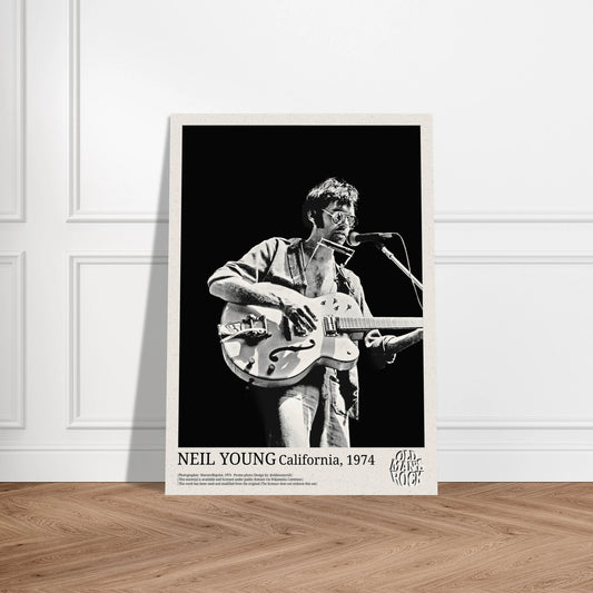 Portrait poster of Neil Young with his guitar in 1974